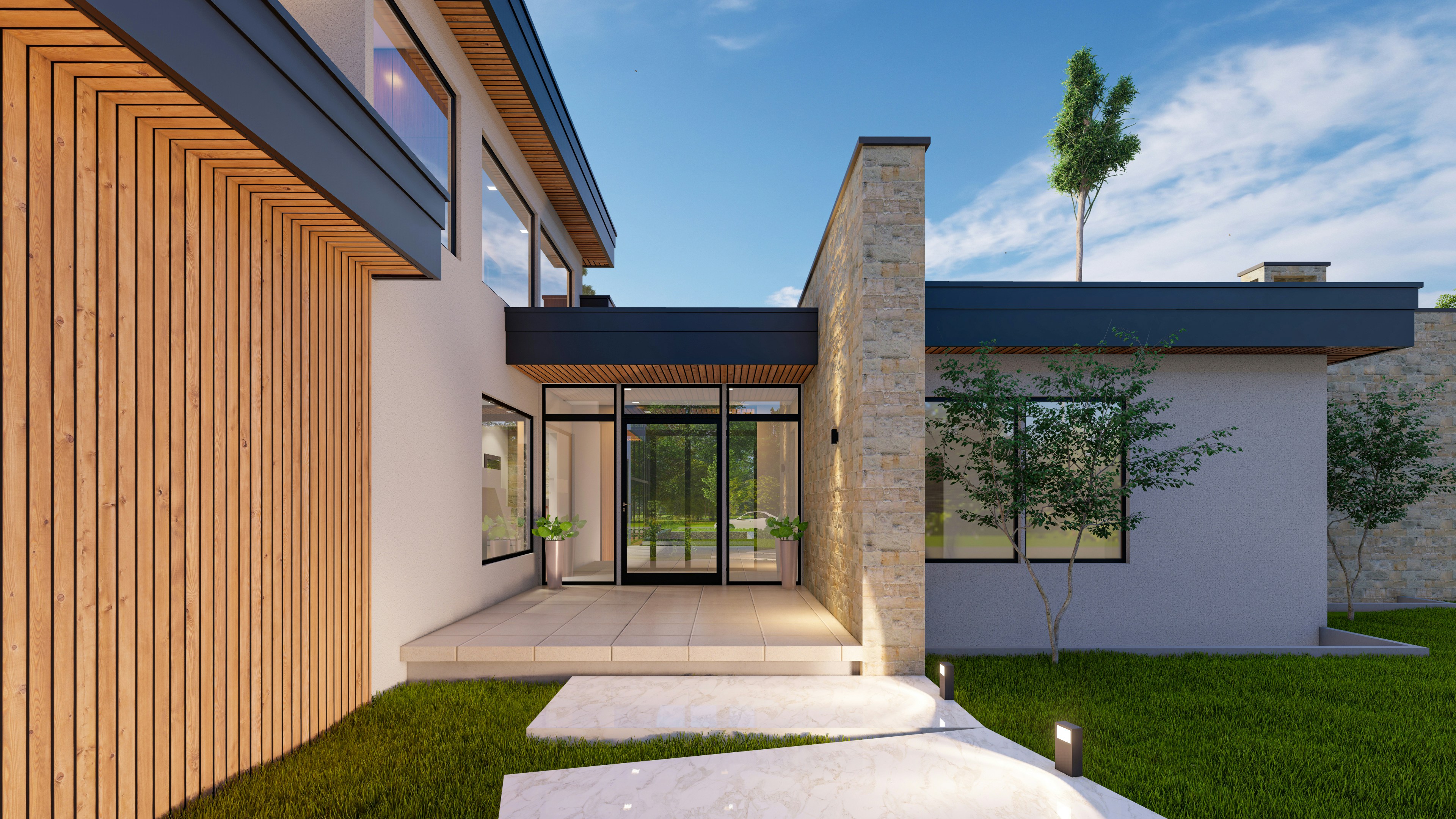 Modern building exterior with wooden cladding